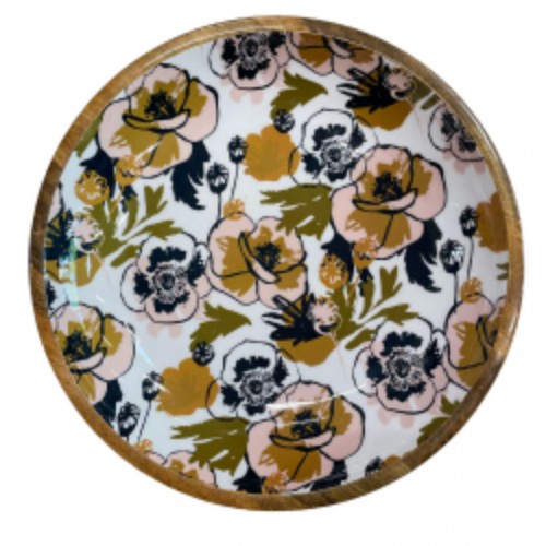 Plat en bois de manguier 38 cm - Fleurs jaune/bleu - By Room Plat en bois de manguier 38 cm - Fleurs jaune/bleu - By Room