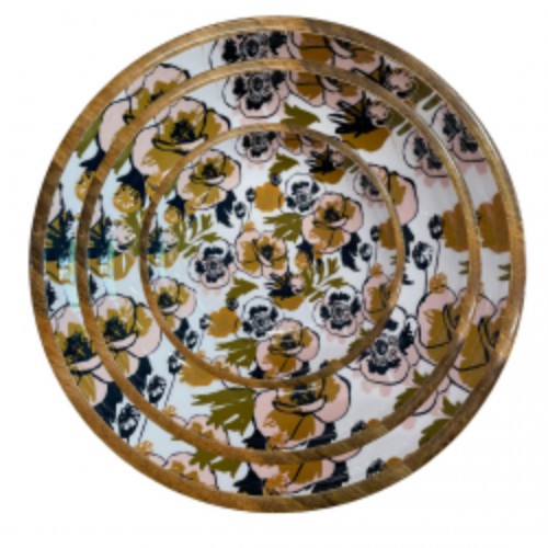 Plat en bois de manguier 18 cm - Fleurs jaune/bleu - By Room