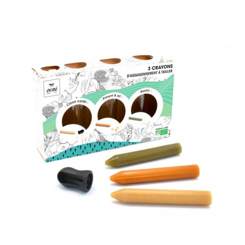 Ocni - Coffret Découverte - 3 crayons à râper - Citron confit - Basilic - Piment & ail - Bio Ocni - Coffret Découverte - 3 crayons à râper - Citron confit - Basilic - Piment & ail - Bio