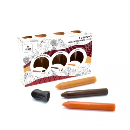 Ocni - Coffret Épicurien - 3 crayons à râper - Piment Espelette - Cèpe - Safran Ocni - Coffret Épicurien - 3 crayons à râper - Piment Espelette - Cèpe - Safran