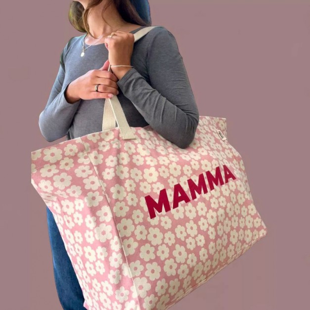 Cabas Family Impact Stories – Mamma – Motif Fleurs – Coton bio GOTS – 48x40x24 cm